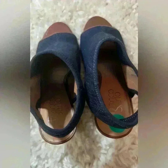 Franco Sarto Denim and Brown Peep-Toe Ankle Boots - Picture 8 of 12